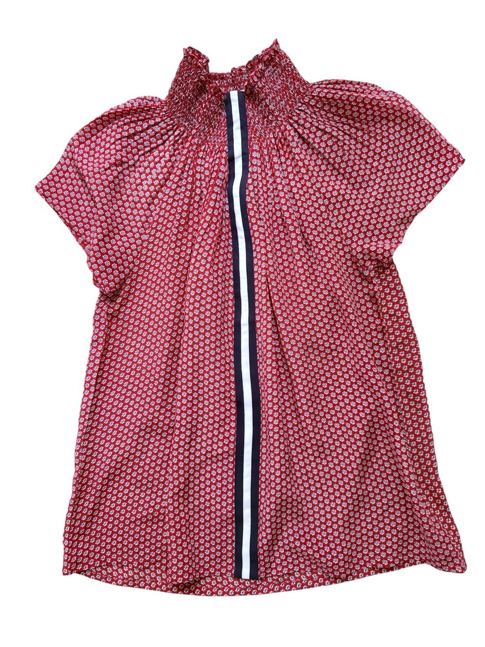 Rungolee Red Geometric Print Smocked Mock Neck Silk Blouse Top XXS